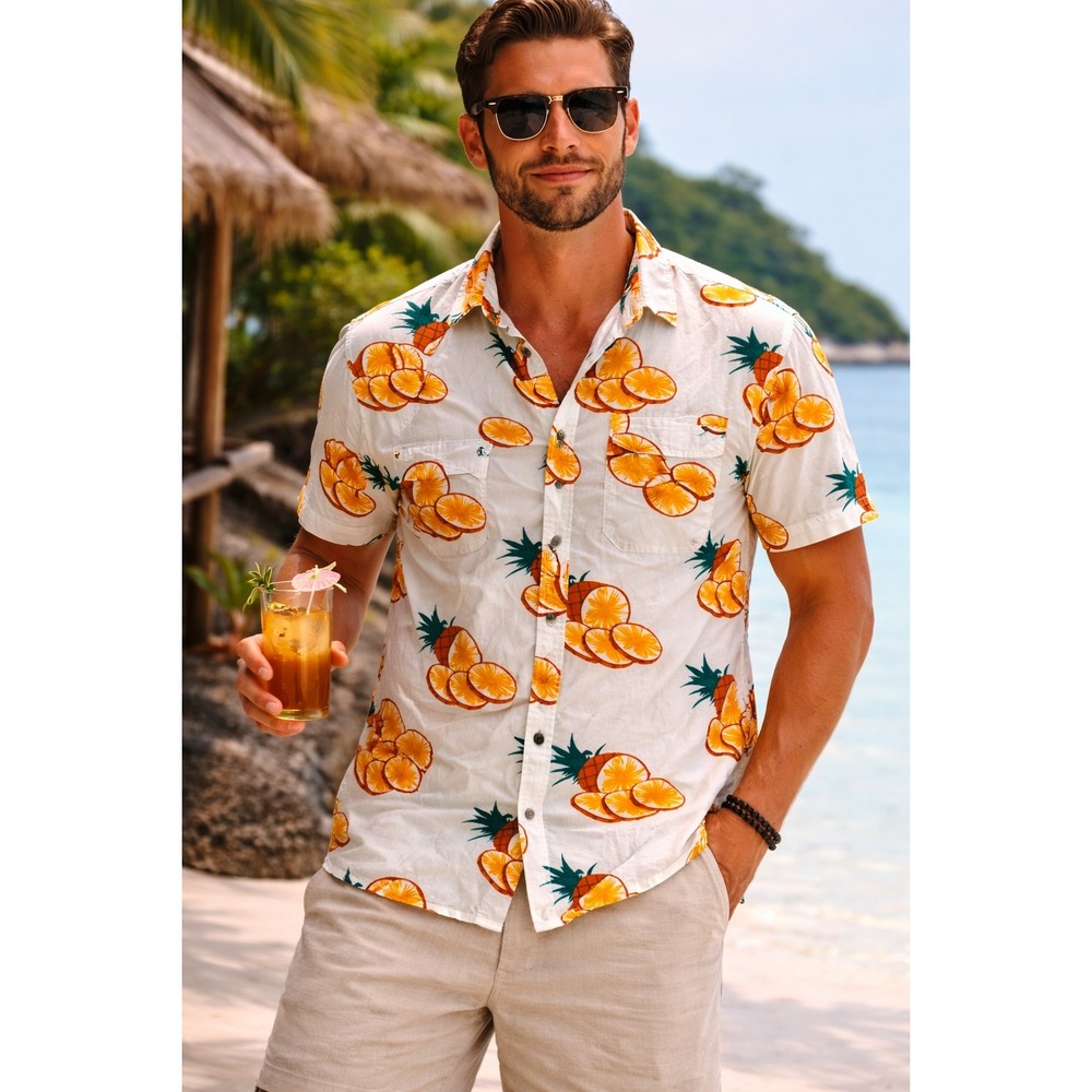 Straight Faded Pineapple Hawaiian Shirt Tropical Summer Beach‎ Button Up SZ L